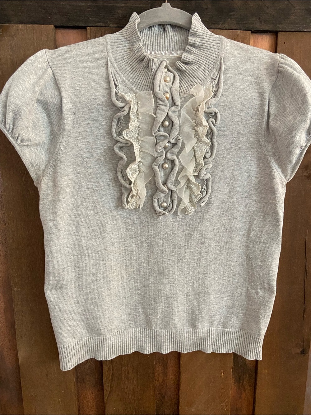 Nick and Mo Light Gray Ruffle Pearl Accent Short Sleeve Sweater